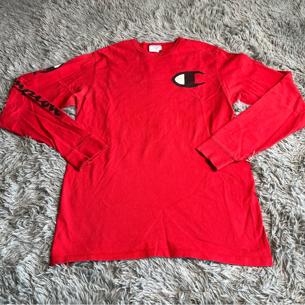 Champion Long Sleeve Shirt Mens Large Vintage Red Sleeve Spellout Logo Tshirt